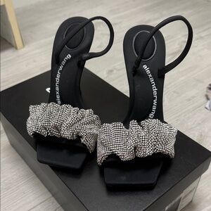 Alexander Wang Black Slingback Heels with Silver Crystal Draping